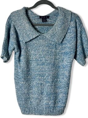 VTG 80s OHI‎ Ramie Knit Collared Short Sleeve Sweater Blue White Marled Sz M